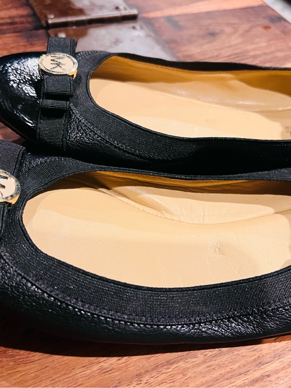 Michael Kors Black Leather Ribbon Ballet Flats with Gold Logo
